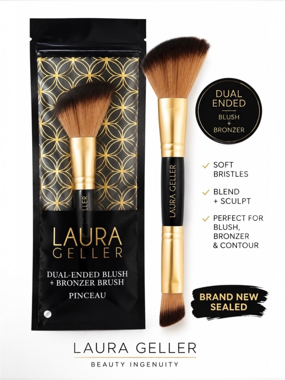 Laura Geller Dual-Ended Makeup Brush in Gold & Black